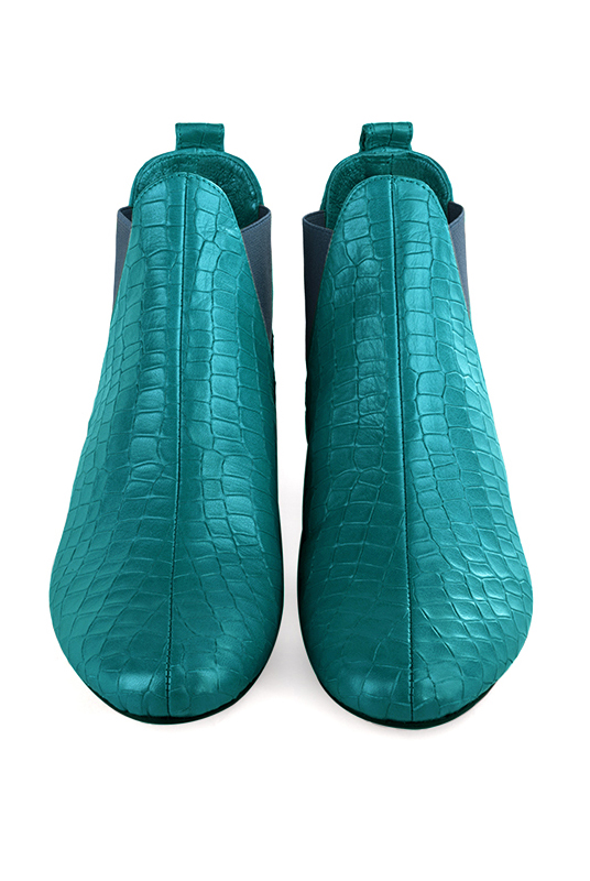 Turquoise blue women's ankle boots, with elastics. Round toe. Flat block heels. Top view - Florence KOOIJMAN